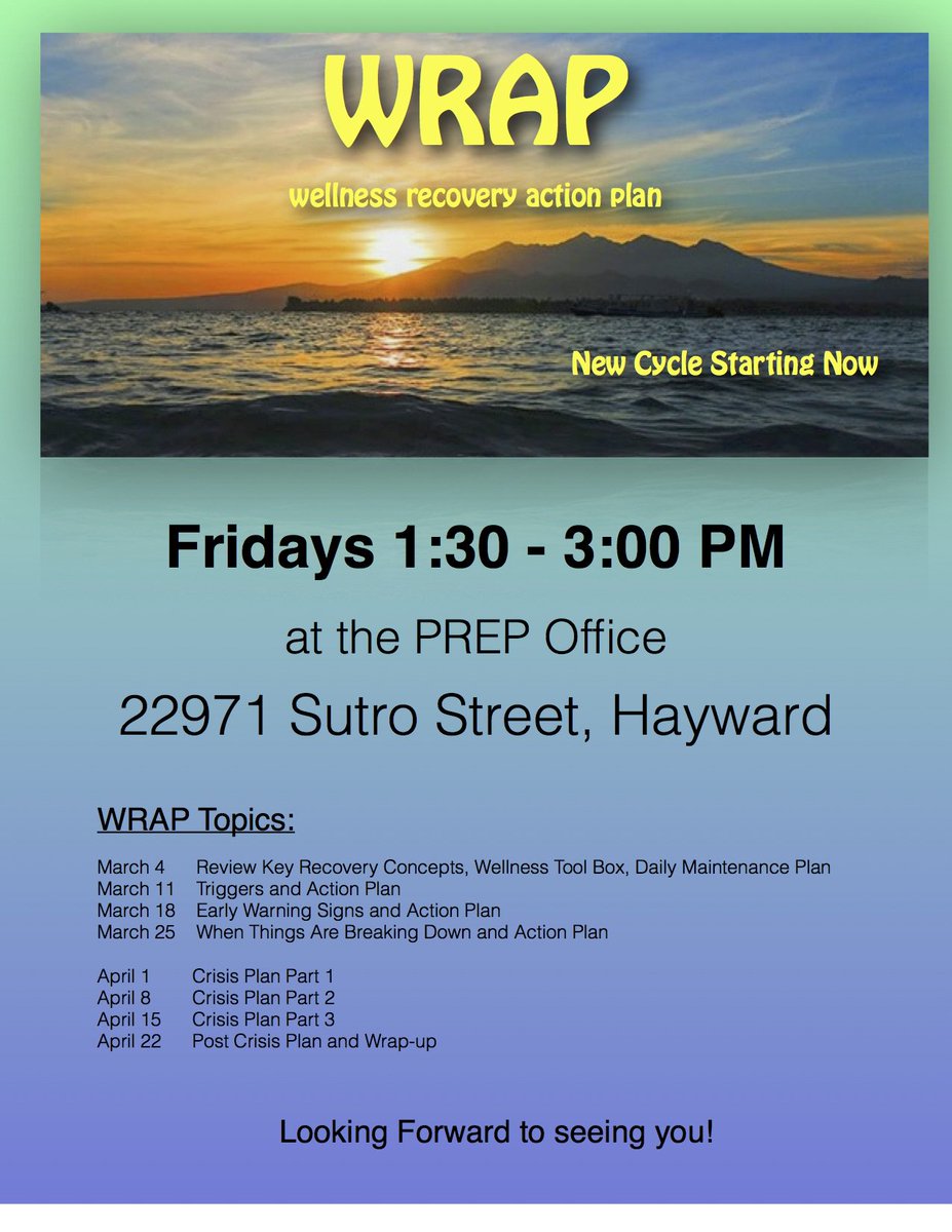 PrepAlameda's tweet photo. Wellness Recovery Action Plan (WRAP) Group, starting this Friday! Check out the flier for each Friday group's topic. https://t.co/7dppbg2rf2