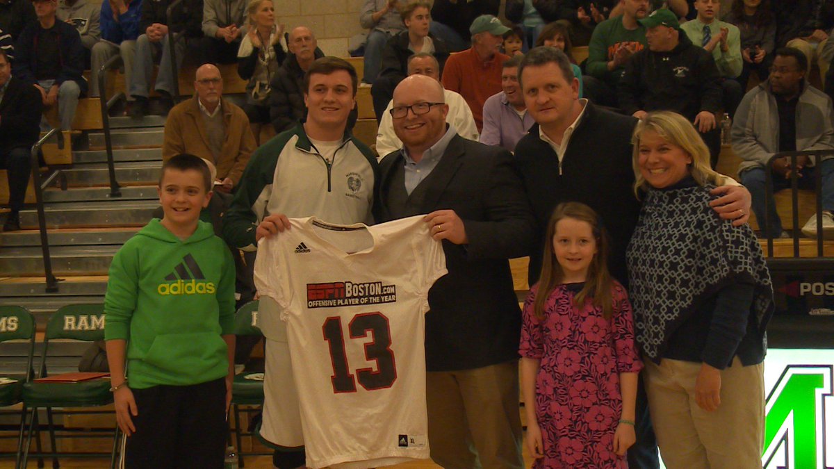 MarshfieldRams's tweet photo. Jack Masterson received ESPN Boston OPOY jersey prior to the Rams' tourney hoop game. Thanks @BHallESPN for coming! https://t.co/0jfIbmR0dv
