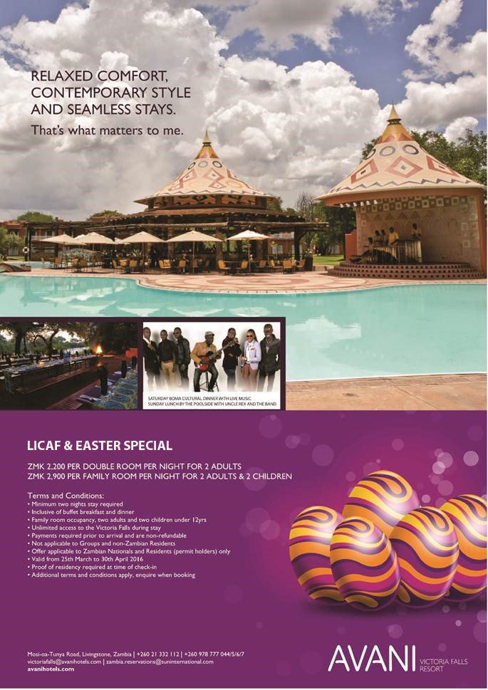 TourismZambia's tweet photo. Get yourself this LICAF and easter special at Avani Victoria Falls Resort. #LICAF2016 https://t.co/ZjrRR5cwKp