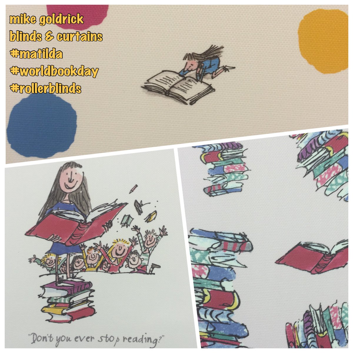 GoldrickBlinds's tweet photo. #WorldBookDay and as we have a Matilda ourselves, we love these 3 Roald Dahl themed Matilda roller blind designs. https://t.co/mtMrg2jDZD