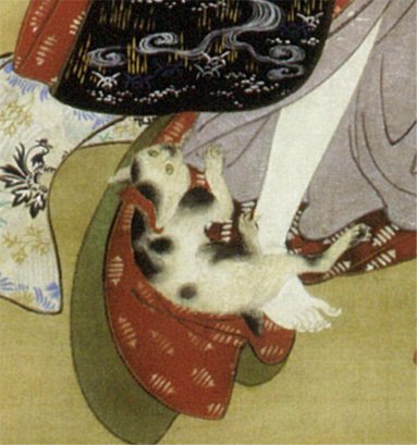 勝川春章展】春章の肉筆美人画はこちらの「子猫に美人図」。子猫が女性