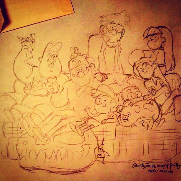 _AlexHirsch's tweet image. One last sketch of the crew, by  Gravity Falls board artist/resident genius Alonso Ramirez Ramos