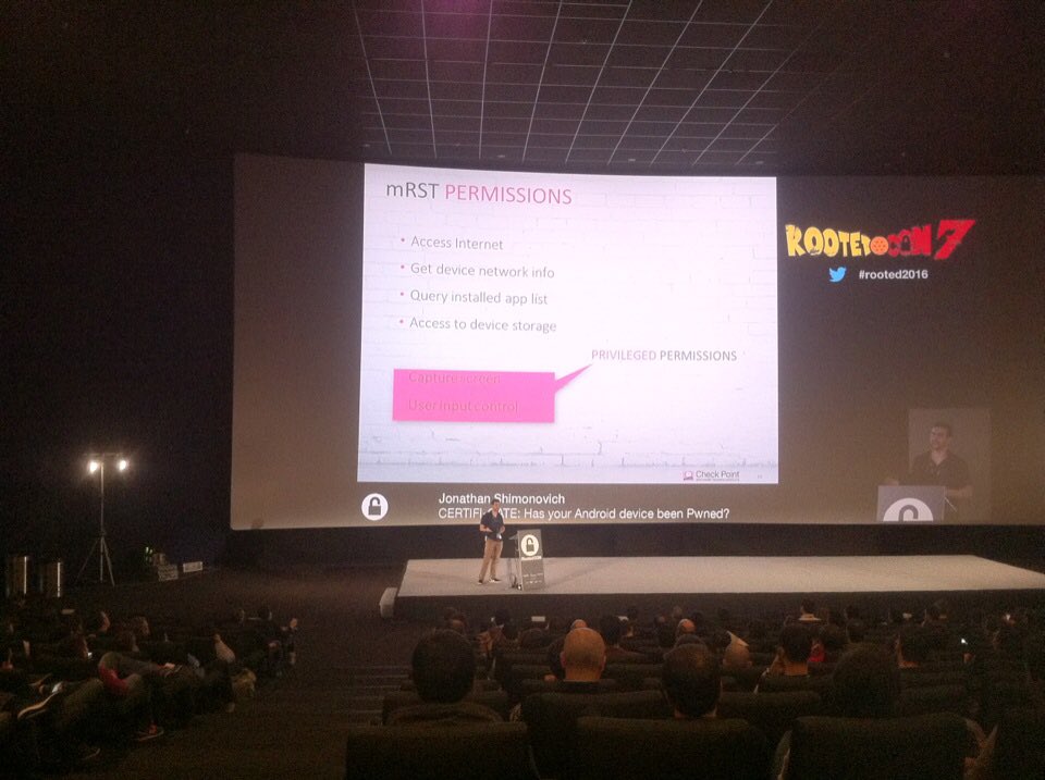 CheckPointSpain's tweet image. Jonathan Shimonovich explica cómo se infectan móviles #pluggin #architecture #malware #rooted16 @rootedcon