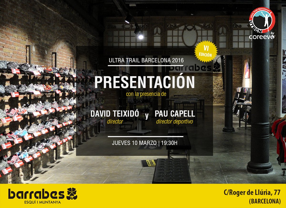 El próximo JUEVES 10 DE MARZO, a las 19:30h, #presentación de la #UTBCN16 en <a href="/barrabescom/">Barrabes</a>. ¡Os esperamos! :D #ultra