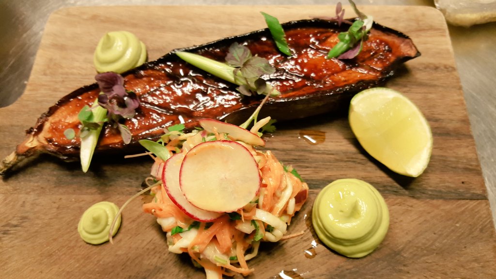 chefjameskelly's tweet photo. Miso glazed aubergine pickled vegetables and avocado #lunch #whynot @KSKRestaurant https://t.co/76Kzlq3CSb
