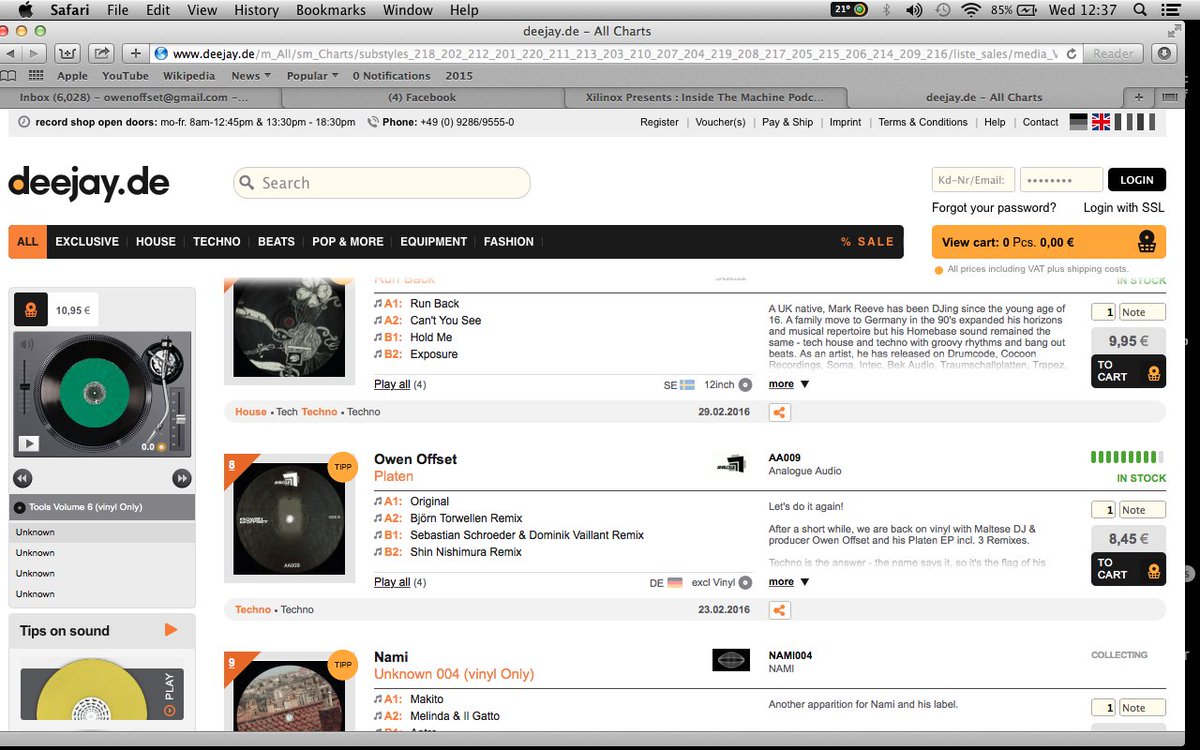 OwenOffset's tweet photo. PLATEN VINYL MADE IT TOP 10 CURRENTLY POSITION NUMBER 8!
IN DEEJAY.DE VINYL SALE CHART! #VINYL #TECHNO #OWENOFFSET https://t.co/6o4YhbPK66