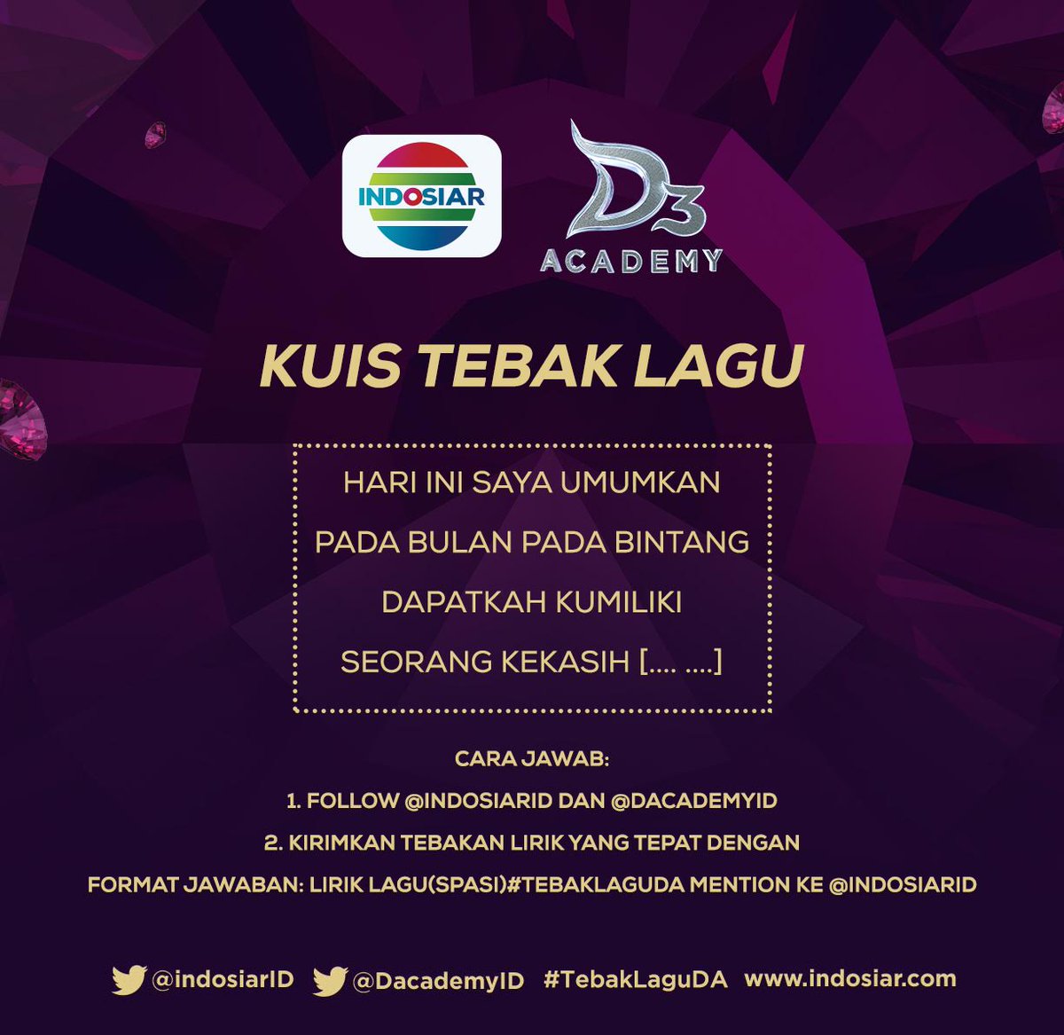 Dangduters, yuk kirimkan jawaban #TebakLaguDA kamu sekarang! Kuis akan ditutup pkl 21.00 WIB malam ini ya