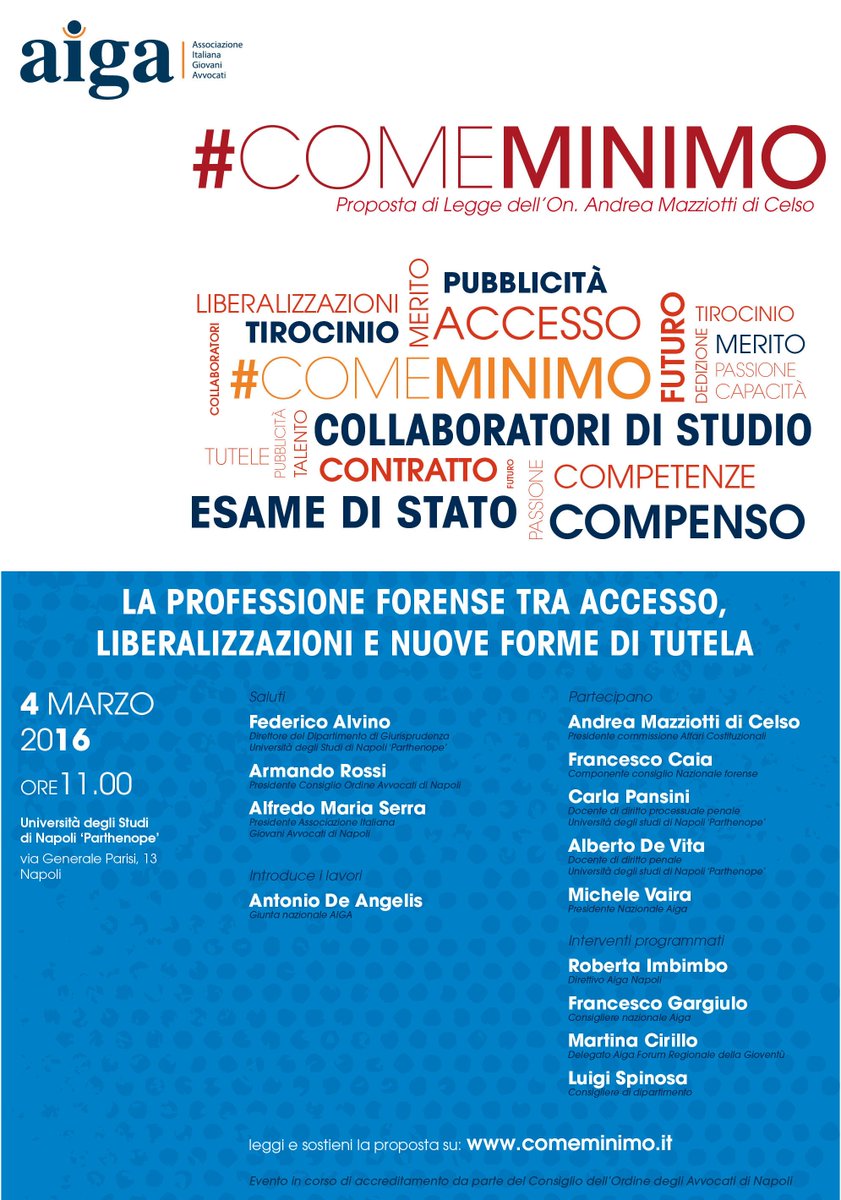 Domani a Napoli con <a href="/giovaniavvocati/">AIGA GiovaniAvvocati</a> per #Comeminimo:la mia pdl per compenso minimo per praticanti e collaboratori