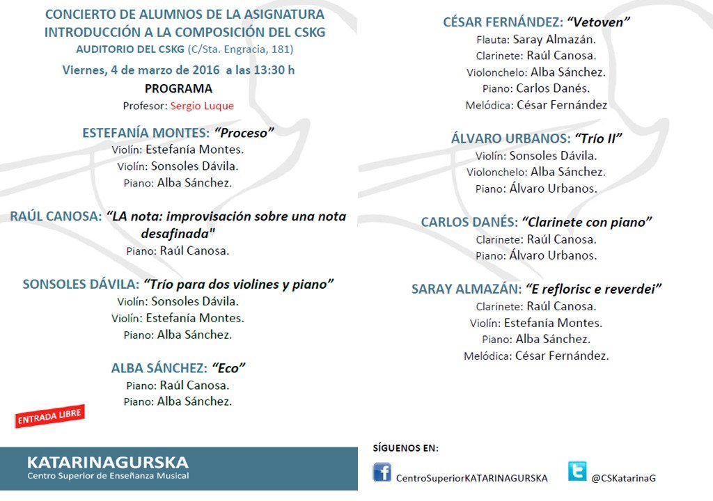 CSKatarinaG's tweet photo. Este viernes, 4MARZ, concierto de los alumnos de Introducción a la Composición en el Auditorio del #CSKG https://t.co/mBgDFpEL52