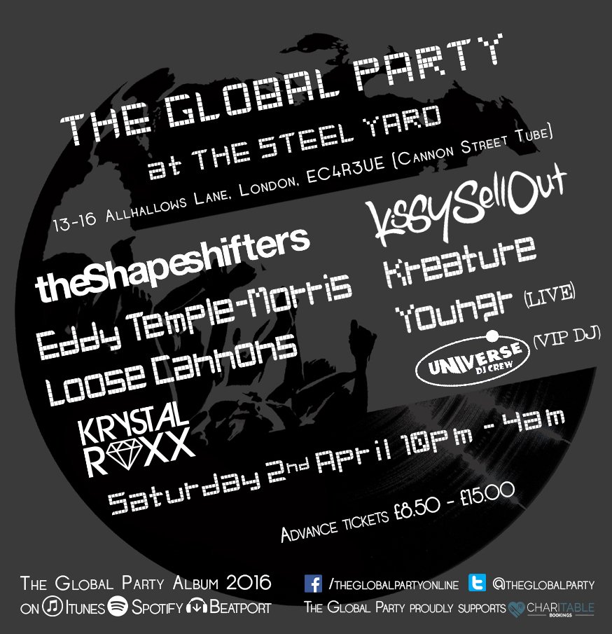 The Global Party - Saturday 2nd April with <a href="/iam_kreature/">Kreature</a> <a href="/UKShapeshifters/">The Shapeshifters</a> <a href="/Theloosecannons/">The Loose Cannons</a> skdl.co/CKTf/ym4YDbtOpr