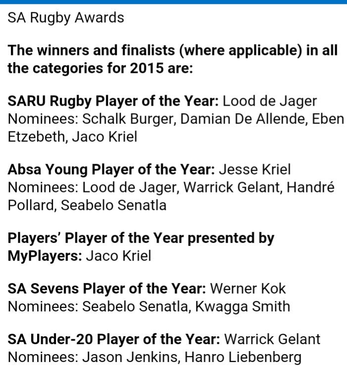 SA Rugby Awards

Full article here

m.sport24.co.za/sport24/Rugby/…