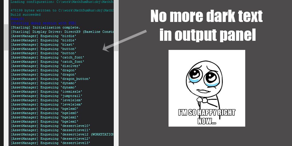 CosminDolha's tweet photo. In #FlashDevelop 5.1 you can change the Output text color in your theme like this OutputPanel.DebugColor=#80ffff yay https://t.co/5BMvevrZqr