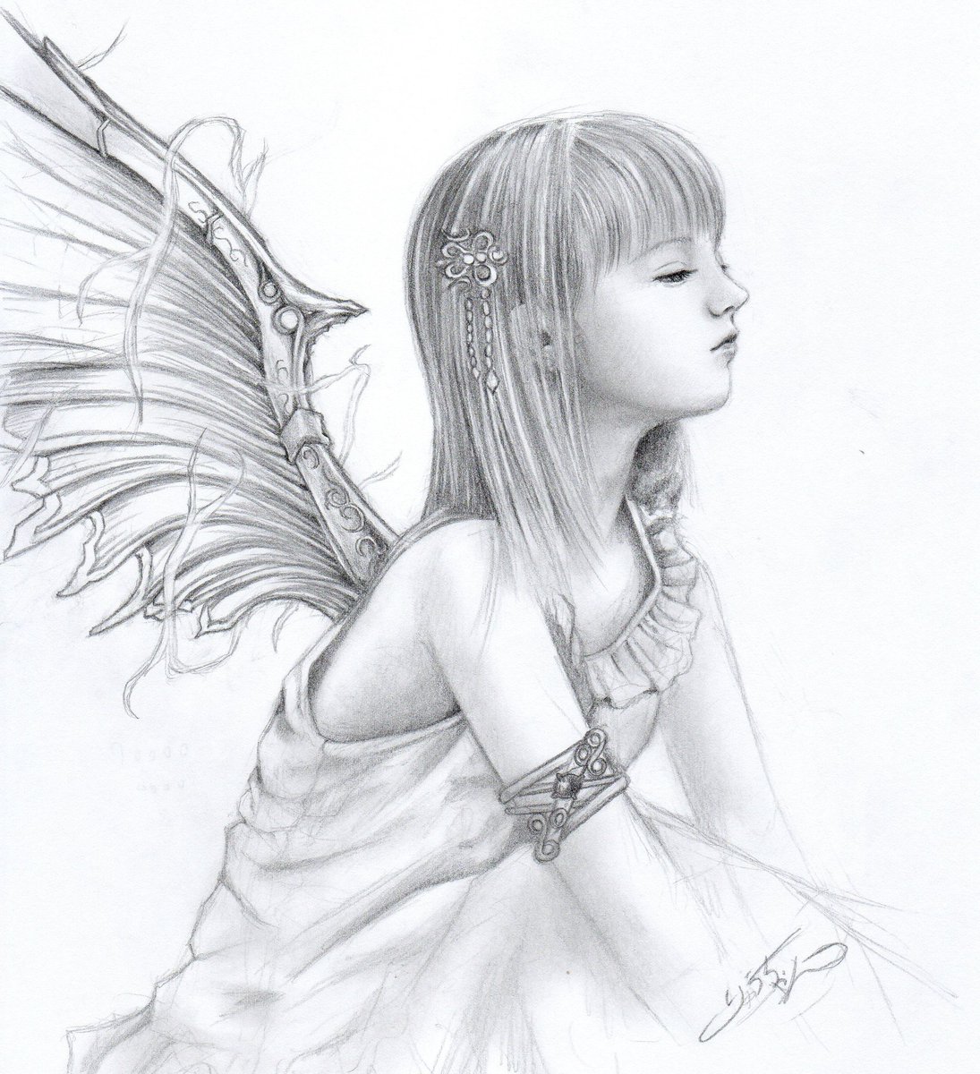 過去絵(^^) 鉛筆で描いた翼の生えた少女('-'*)♪ #絵師さんと繋がり