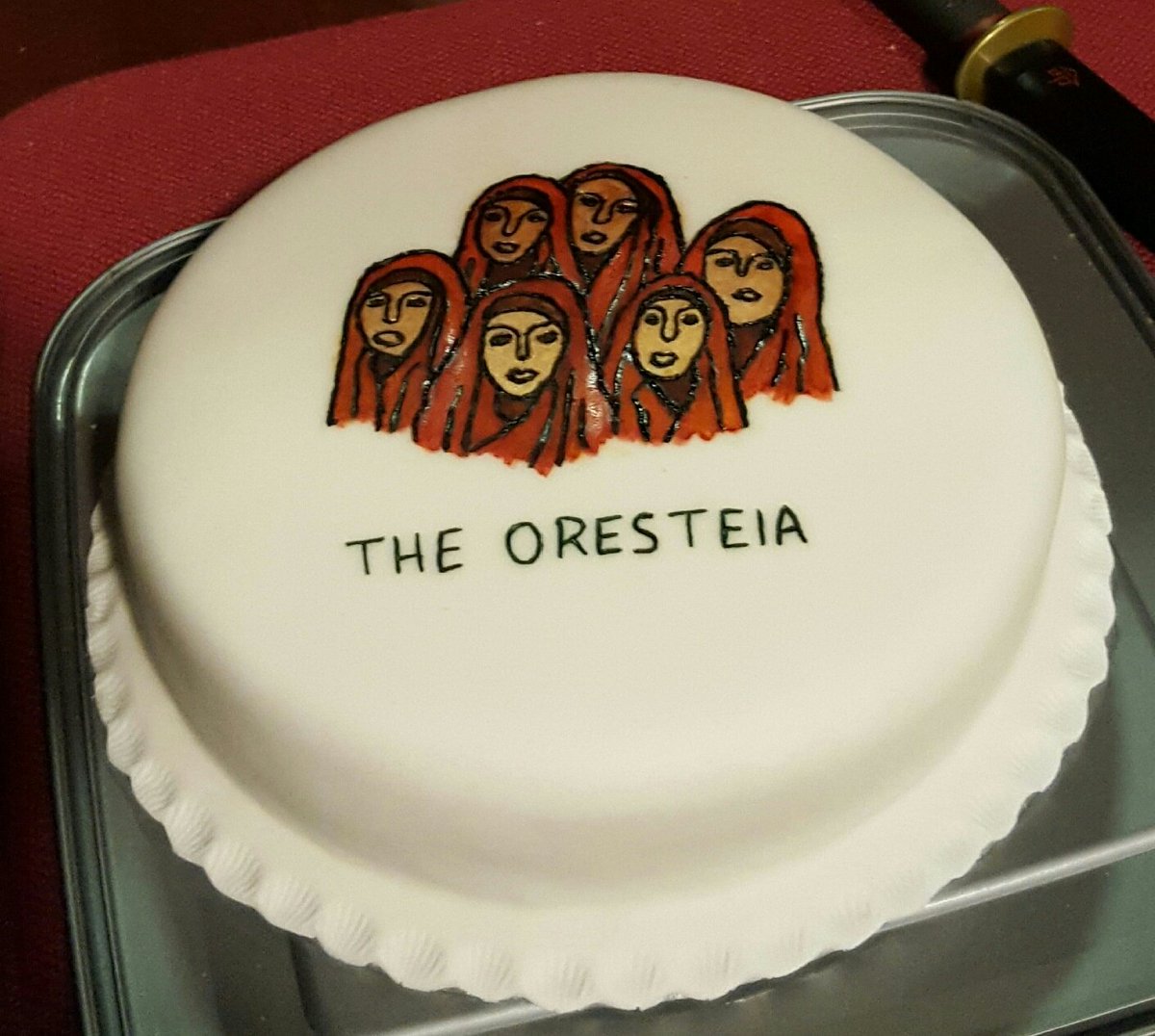 Amazing good luck cake given to us for the opening night of the Orestia tonight! <a href="/VervainTheatre/">VervainTheatre</a> Get your tickets! X