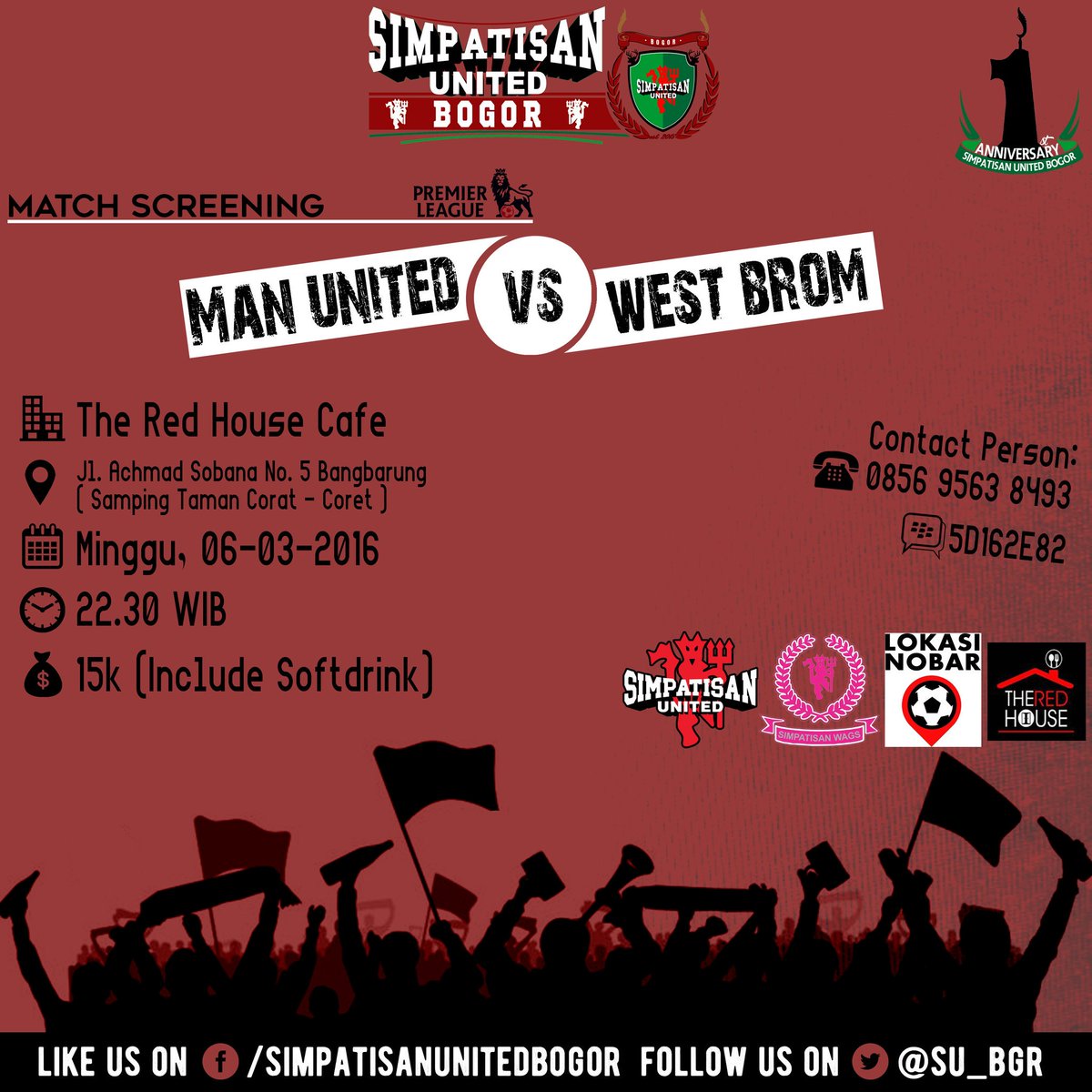 #Nobar
#MUFC x #WBA
📆 Minggu, 06-03-16
🏢 <a href="/theredhousecafe/">THE RED HOUSE CAFE</a>
🕖 22.30 WIB
💰 15k (Softdrink)
Open for All
#BudayakanNobar