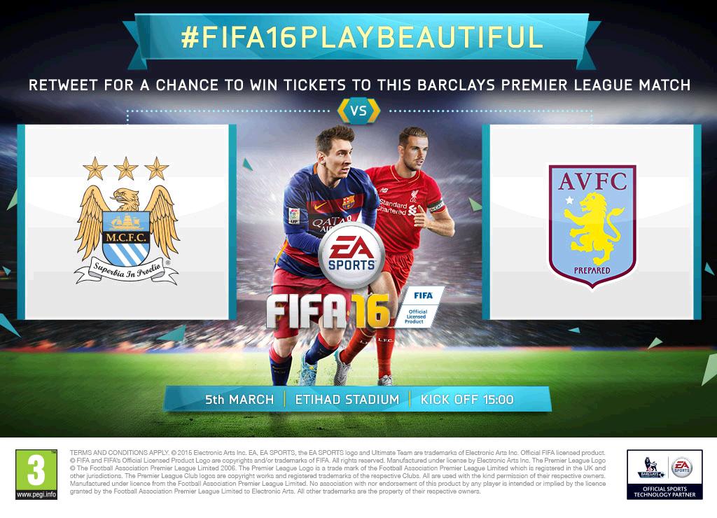 EASPORTSFC's tweet photo. RT to win @premierleague tickets! @MCFC v @AVFCOfficial on Saturday 5th March. T&amp;C's apply https://t.co/xk10GhpMfq
