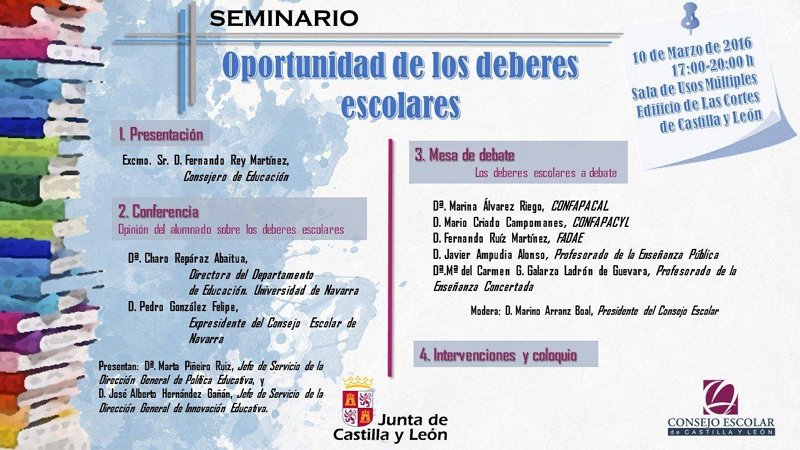 educacyl's tweet photo. Seminario "Oportunidad de los #deberes escolares" en @Cortes_CYL (10 de marzo a las 17:00 h) https://t.co/Kcdu47dVng https://t.co/aercVru6IE