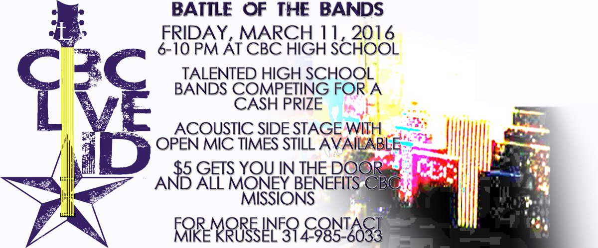 CBC_CM's tweet photo. Come to #CBCLiveAid Friday, March 11. 6-10 PM in the CBC Theater. Great bands, great cause. All $ to the missions! https://t.co/kTpUIw71bq