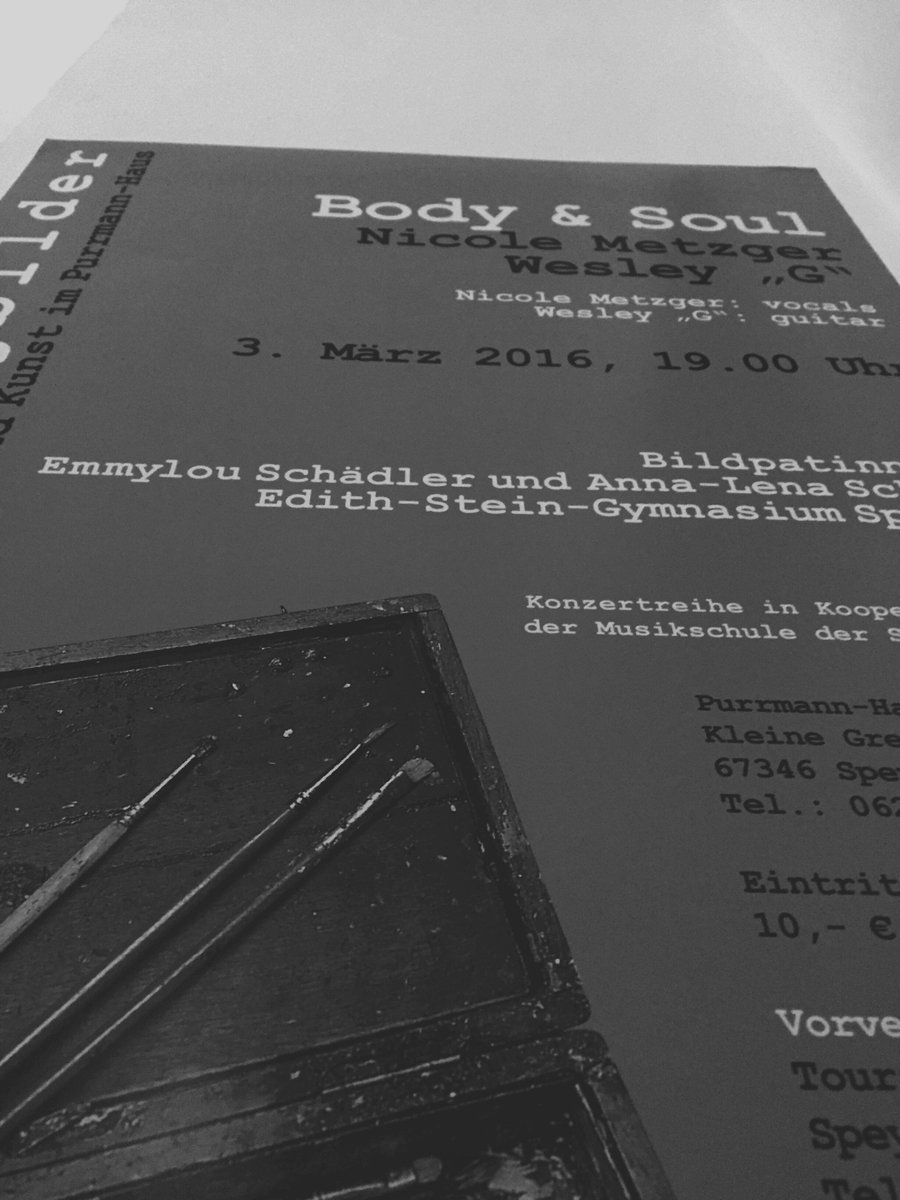 Speyer_Musik's tweet photo. Um 19:00 #KlangbilderImPurmannhaus #BodyAndSoul #NicoleMetzger, Vocals - #WesleyG, Guitar https://t.co/VamWkY7GhQ