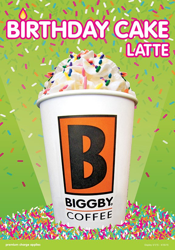 BiggbyStore379's tweet photo. Since it would B really hard to fit 21 candles on a latte we’re excited to announce the BIGGBY Birthday Cake Latte https://t.co/wgZjX0H8qs