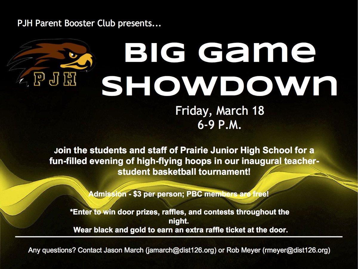 PBC_PJH's tweet photo. PBC Big Game Showdown March 18, 2016 6-9 PM @PJHbasketball @pjhmediacenter @PrairiePE @CheerPjh https://t.co/1Vj93iHXZS