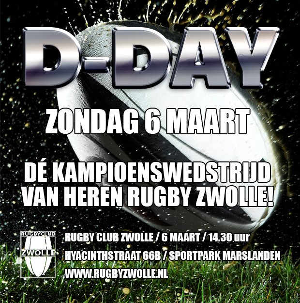 Zondag de slag om het kampioenschap 3e klasse Noordoost! Komt allen! #rugbyzwolle  on.fb.me/1L6uYRV