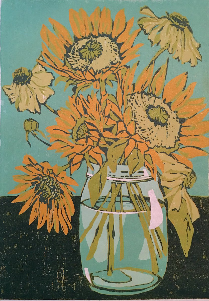 Hot off my old press! #printmaking #woodblock #sunflowers