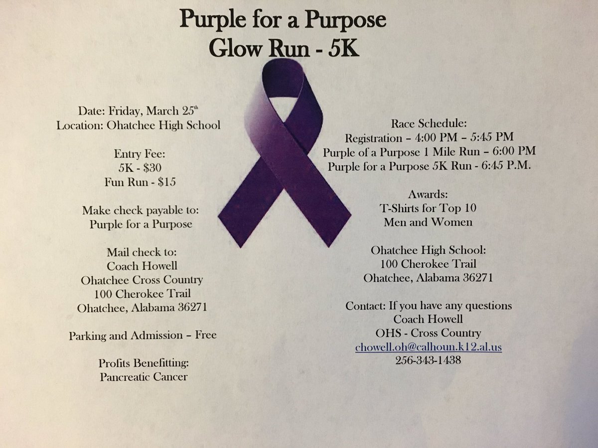 OHS_XC's tweet photo. Purple for a Purpose
Glow Run - 5K

Please see Coach Howell or Coach Ginn for entry form

#PurpleForAPurpose https://t.co/LWrZsUrfV1