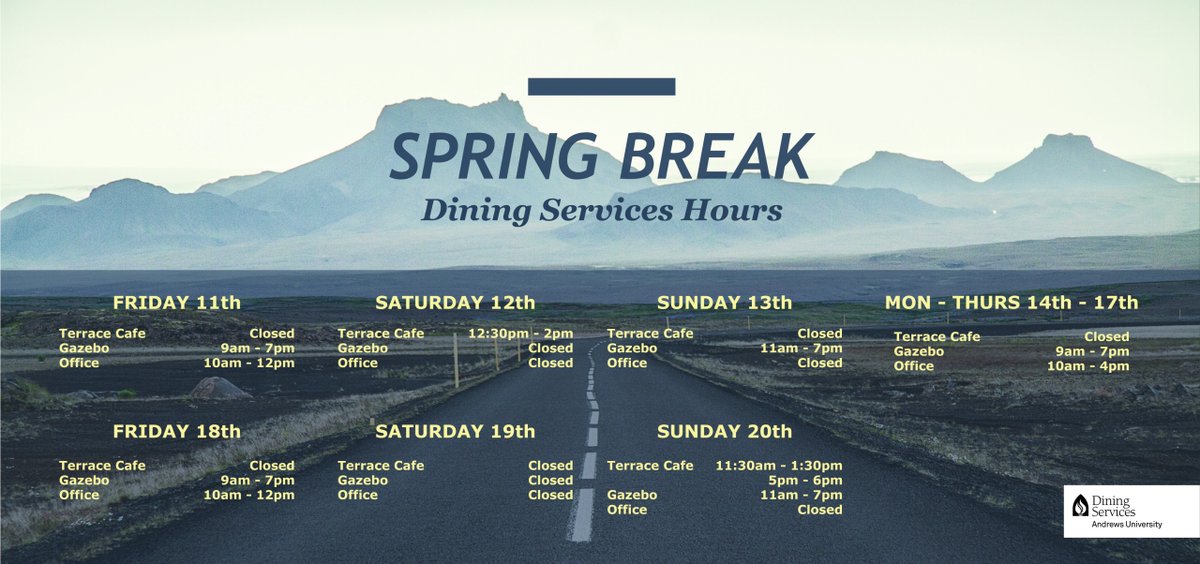AUDiningService's tweet image. Just one more week and Spring Break will be here! Here are our hours:
#AUDiningServices #SpringBreak