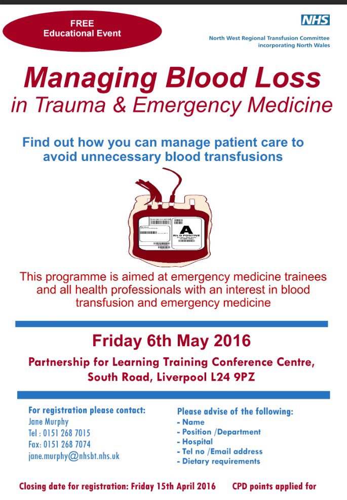 KatePendry's tweet photo. Really great programme being planned for our symposium on managing blood loss in ED 6 May 2016 in Liverpool @NW_RTC https://t.co/BrwTqmbPCo