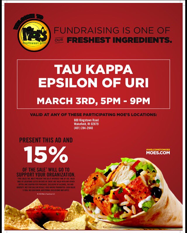 Don't forget to show this picture at Moe's Southwest Grill tonight to show support for Tau Kappa Epsilon!