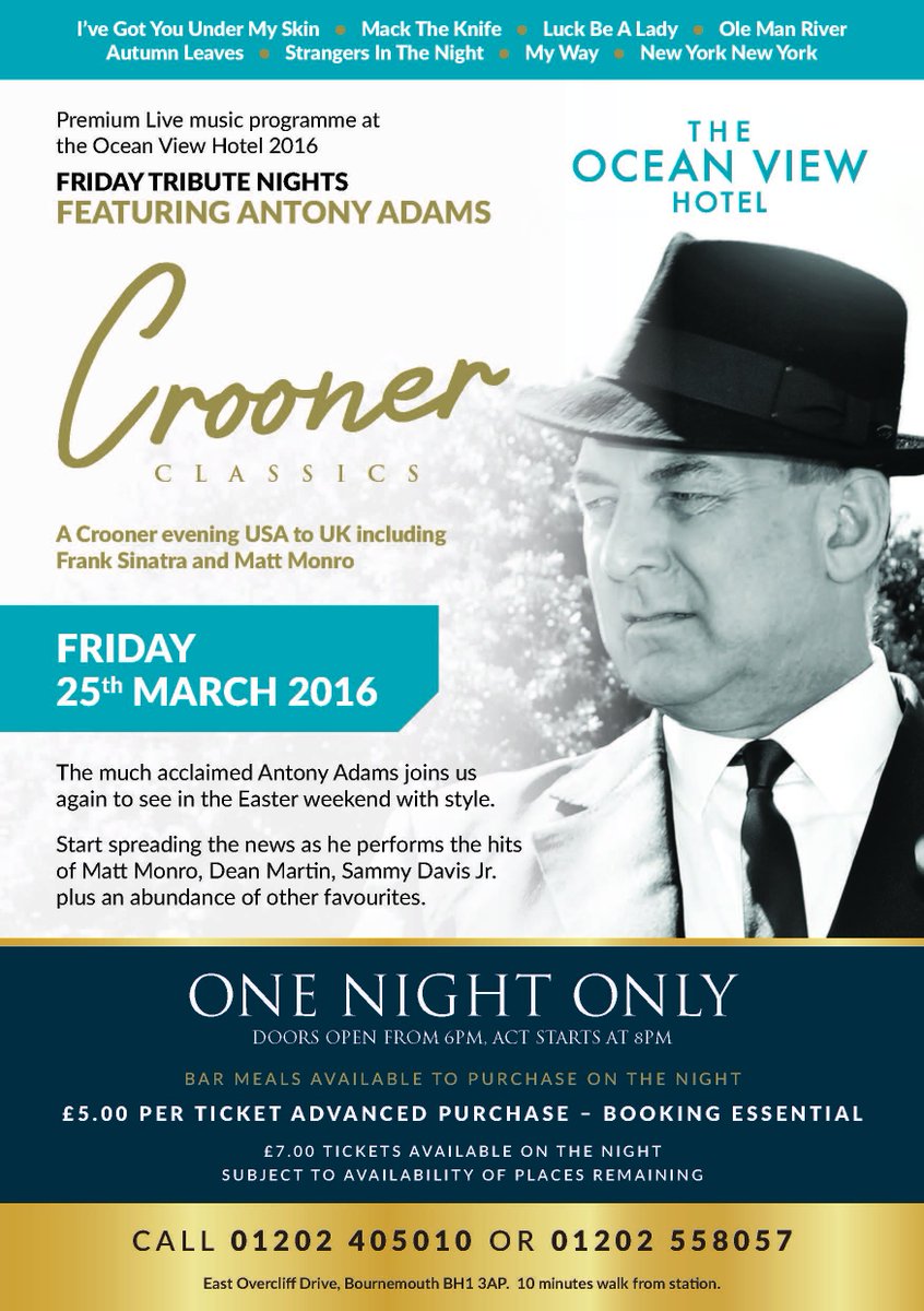 LetsGoOut_BH's tweet photo. Crooner Classics evening @TheOcean_View in #Bournemouth, advanced tickets just £5 https://t.co/pAAQq3dADY #livemusic https://t.co/9TP9aYyXBf