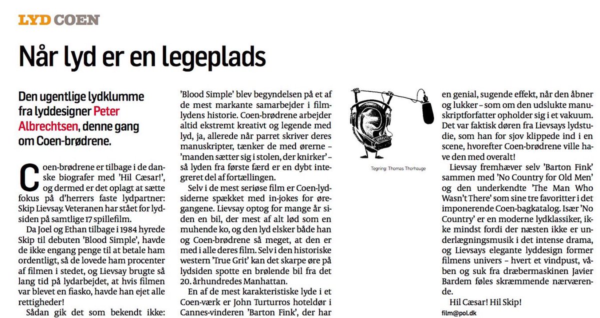 lydrummet's tweet photo. Min lydklumme i dagens Politiken. I anledning af Hil Cæsar! skriver jeg om lyden i Coen-brødrenes film: #dkaudio https://t.co/cb7fl2Tnq7