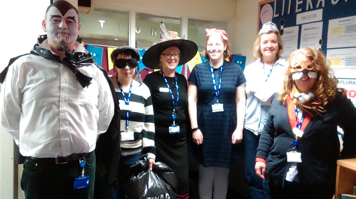 HoWCollegeLC's tweet photo. The Learning Centre staff dressed up today for #WorldBookDay. Can you work out who each of us are? https://t.co/86t7nduWhi