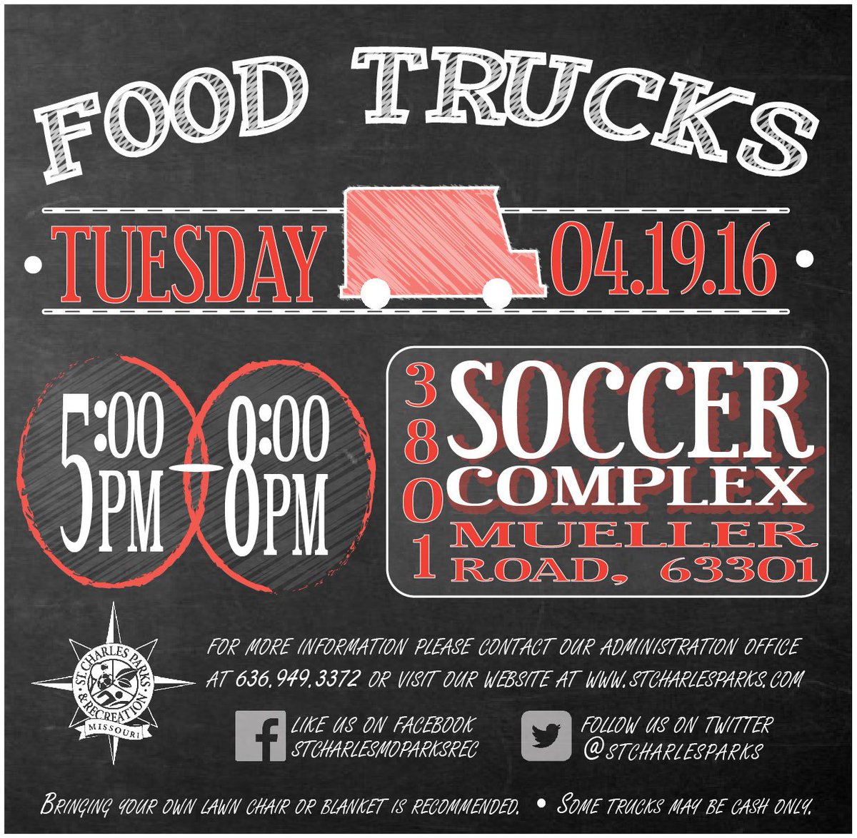 STCParksPlayMO's tweet photo. Save the date! TUES, 4/19 for #FoodTrucks @ St. Charles Soccer Complex from 5-8PM. https://t.co/W9zak8Yztg https://t.co/rC6rK2zXn8