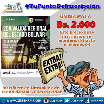 sistemapia's tweet photo. Una día más, hasta el Viernes 4 podrás inscribirte para la #IIValidaRegionalMTB del #TeamUltraBikex a Bs 2000. https://t.co/4hpu3O93Mc