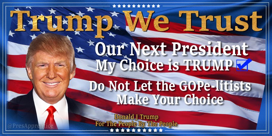 PresApprentice's tweet photo. Your Choice Not the #GOPe's or #RomneySTFU
Our Next President @realDonaldTrump
#Trump2016 #WeThePeople #AlwaysTrump https://t.co/ahroLo4Od6