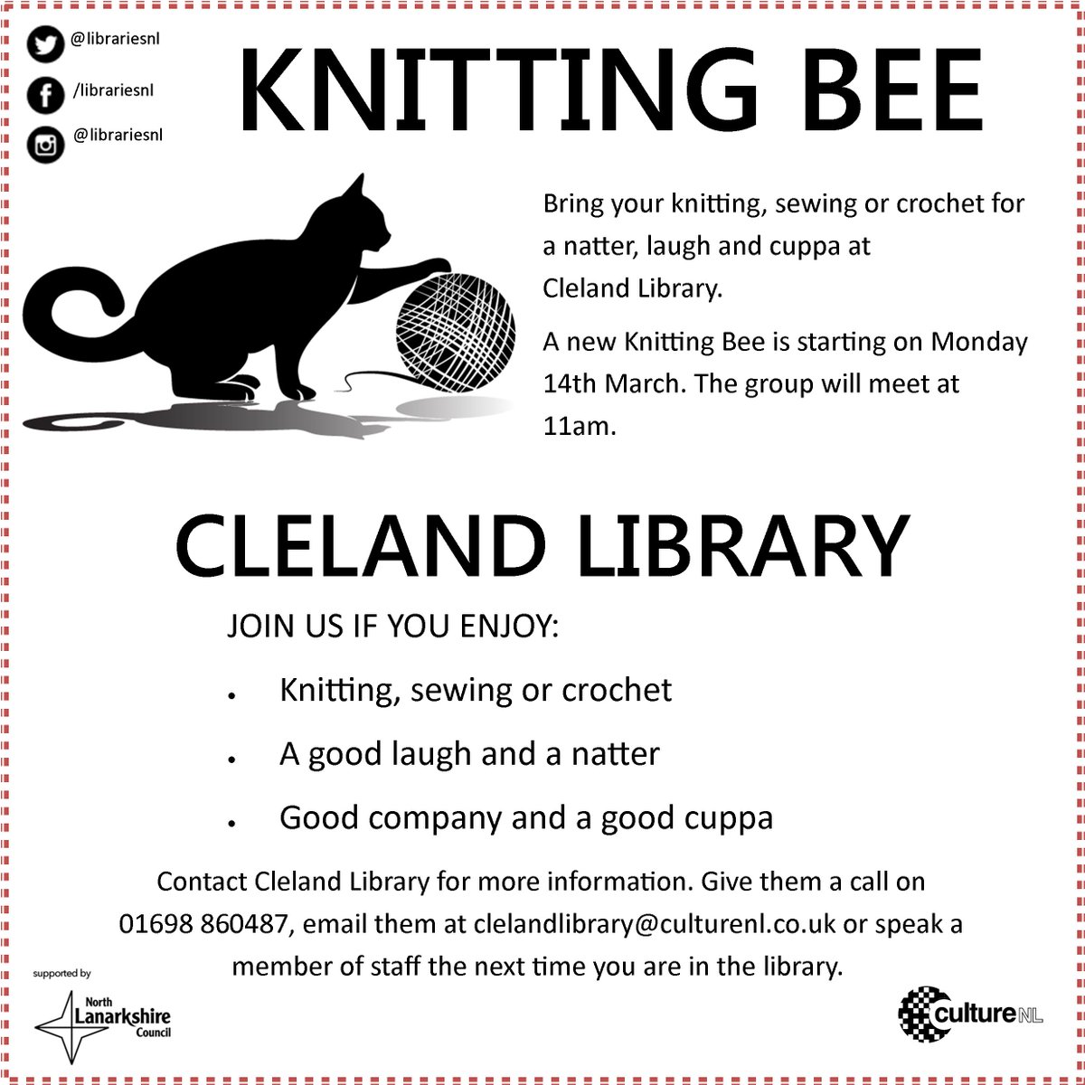 LibrariesNL's tweet photo. Knitting Bee starting at #ClelandLib on Mon 14th Mar, 11am. Everyone welcome. Enjoy knitting, nattering & a cuppa. https://t.co/jguK4gXnfW