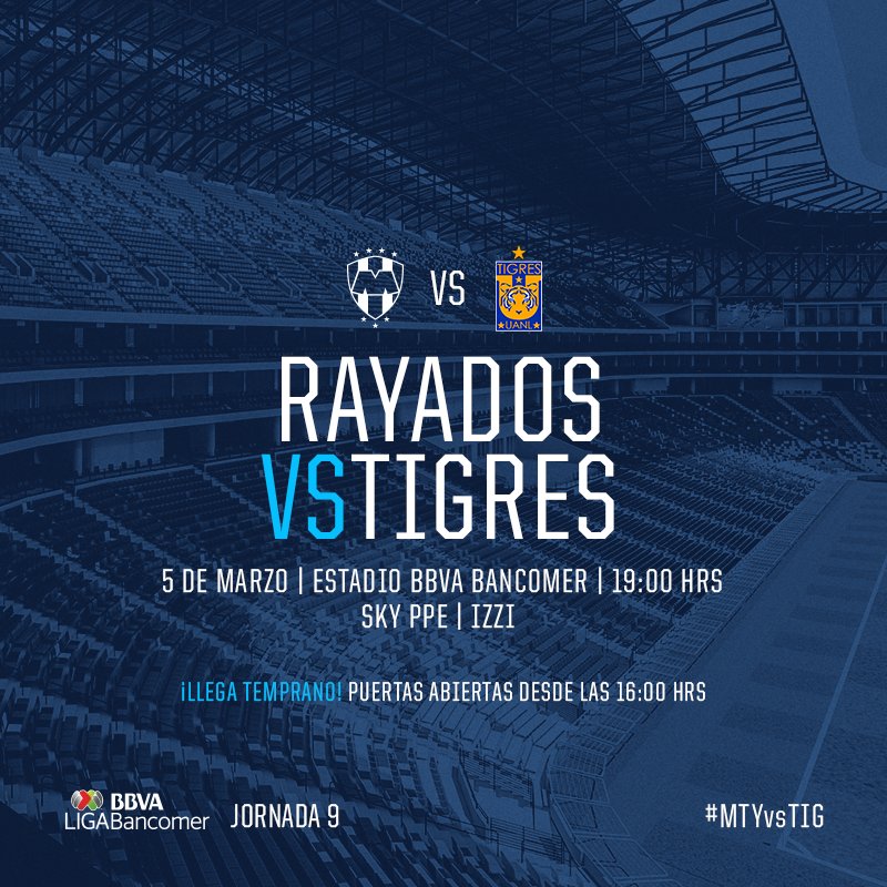 Rayados's tweet photo. ⚽ #RayadosEnElClásico106 🔵⚪ 📅 Marzo 5 ⏰ 19:00hrs 📺 Sky PPE &amp; Izzi📍Estadio BBVA Bancomer.⚪🔵 https://t.co/5STqZ7llVe