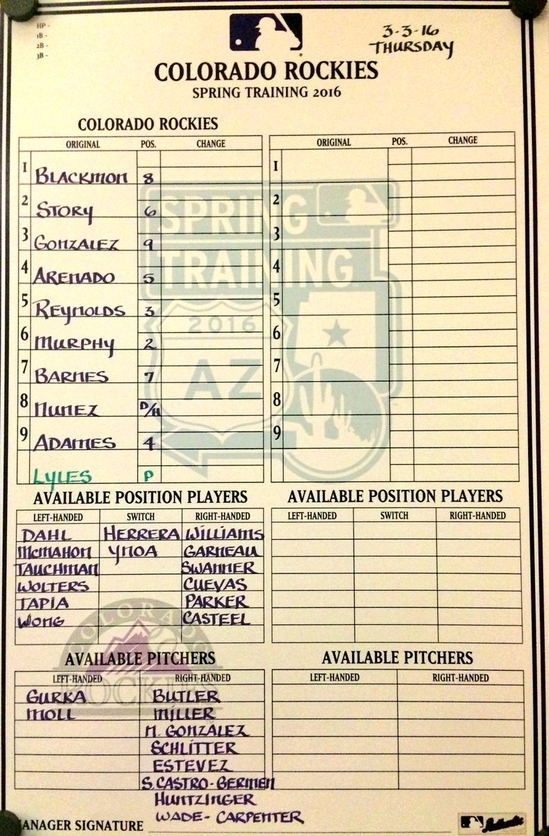 “<a href="/Rockies/">Colorado Rockies</a>: Here is the lineup for today's #RoxSpring game. ☀️🌵⚾️

1st pitch at 1:10pm MT. ”