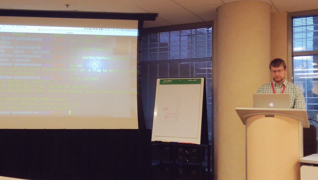 Ahmed_Aboulnaga's tweet photo. Live #docker demo by @hdost at @GAOUG_ORG. Now it's making sense. :) #GaTechDay16 https://t.co/mG4Z5iwsd0