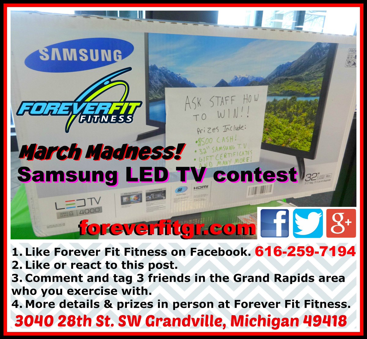 ForeverFITgr's tweet photo. MARCH MADNESS! Samsung LED TV #contest on our #Facebook page:
https://t.co/VaWvT4r6Fw
#GrandRapids #Fitness #Gym 💪🏃💻 https://t.co/gtpNdMplVn