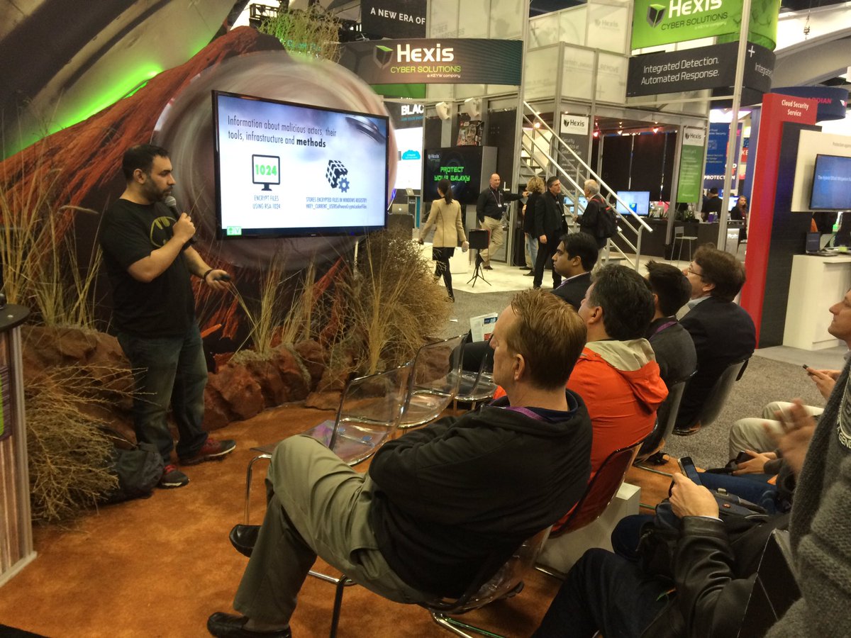ethurman's tweet photo. @J4vv4D presenting to a full house #RSAC2016 @alienvault https://t.co/cviTm6ez9t