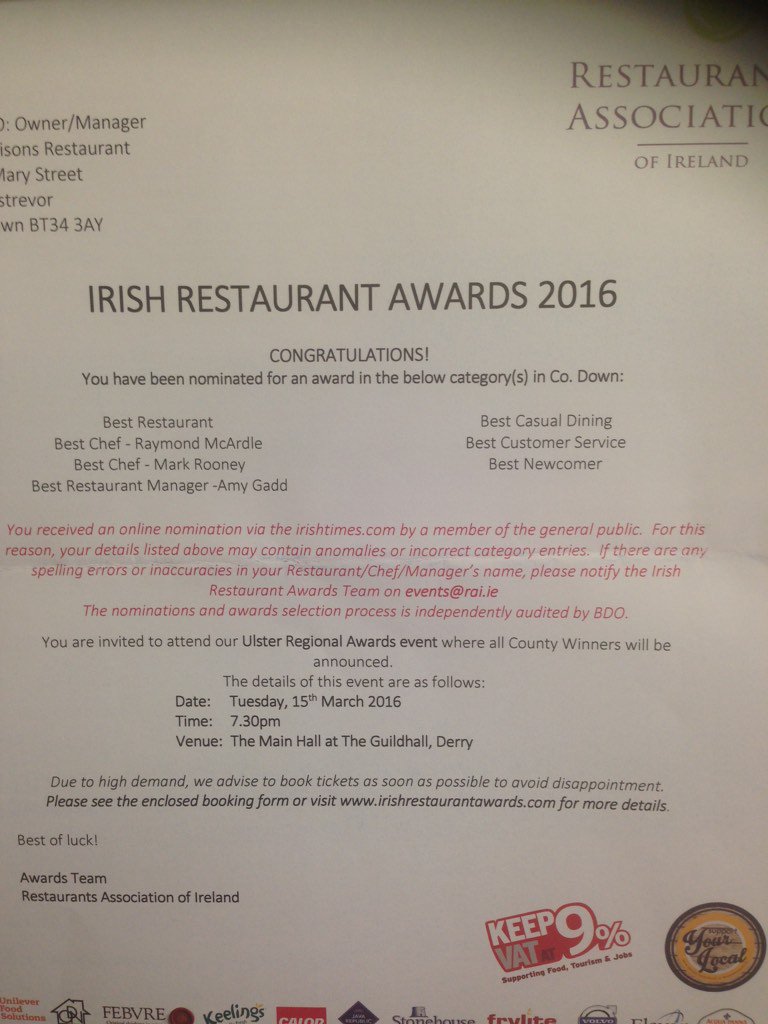 <a href="/restawards/">IrishRestaurantAward</a> cheers very humbled in our first year #Roadtrip Derry <a href="/maisons_rest/">Maisons Restaurant</a>