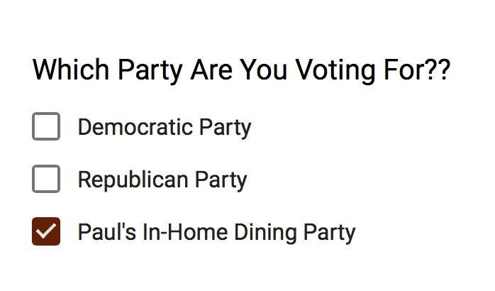 paulcullenwines's tweet photo. What party are you voting for? #RockInTheKitchen #VoteForMe https://t.co/MLIZ1gN38S