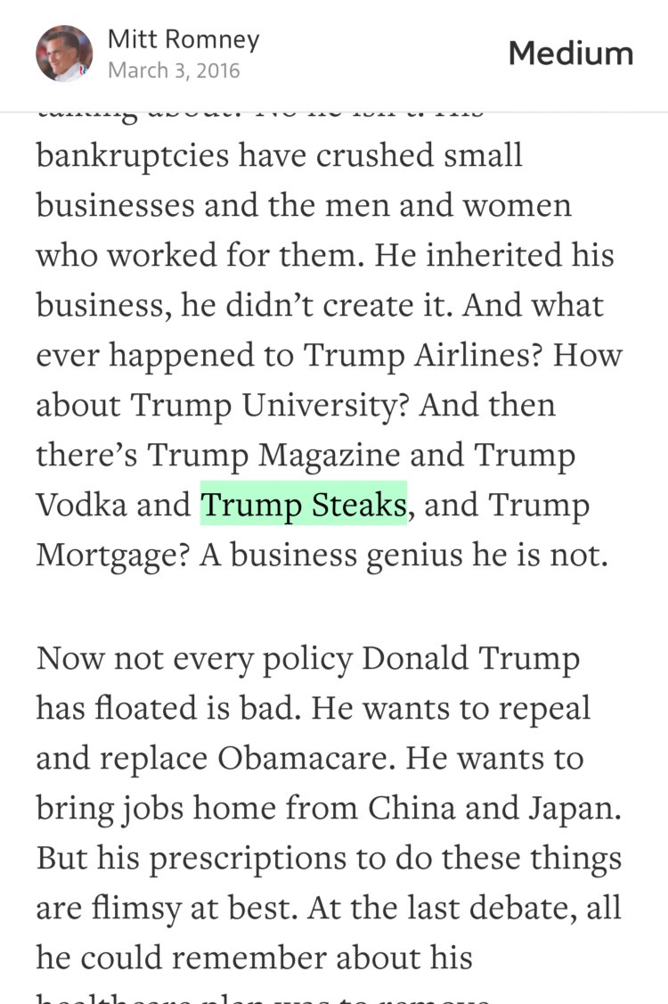“…Trump Steaks…” from “My remarks on the state of the 2016 presidential race” by Mitt Romney.