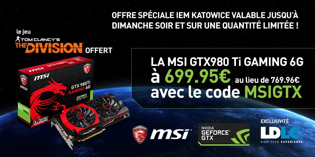 NVIDIAGeForceFR's tweet photo. A l'occasion des #IEMNVIDIA ,une offre exclusive chez @LDLC pour une GTX 980 TI @msifrance ! https://t.co/cATjl9fkwp https://t.co/upVrmI6jUM