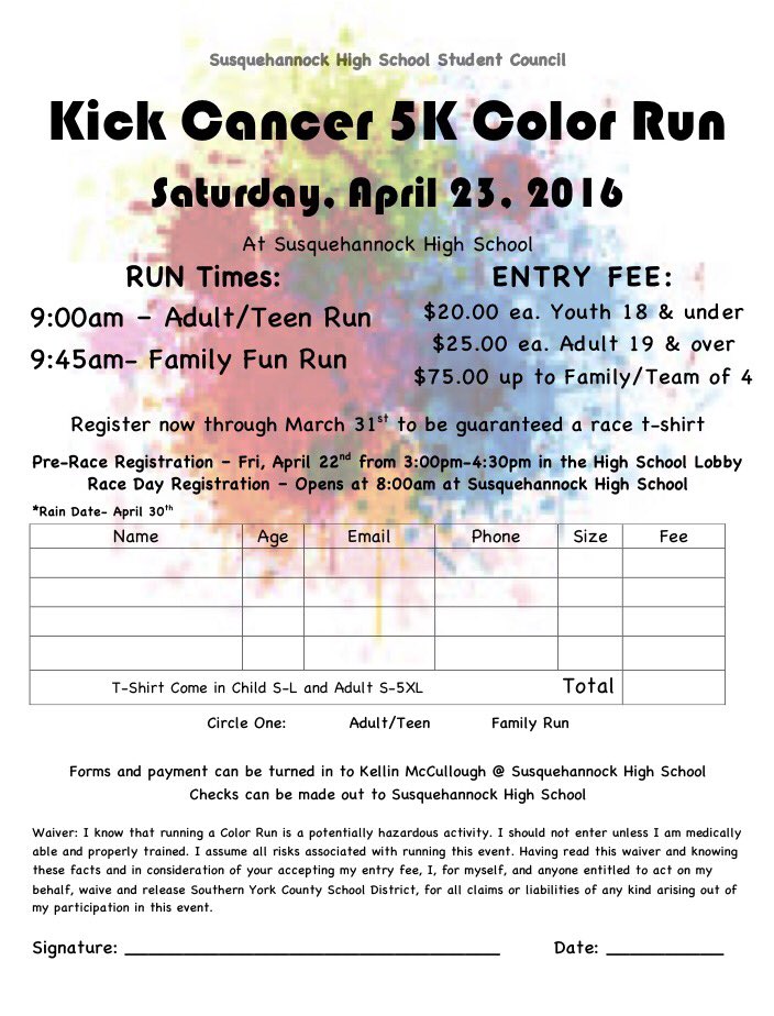SuskyStuCo's tweet photo. We are hosting our first annual Kick Cancer Color run on Saturday April 23! Don't wait to register! Do it now!! 🎉🎊🎈🎉 https://t.co/rigxa9LUN2