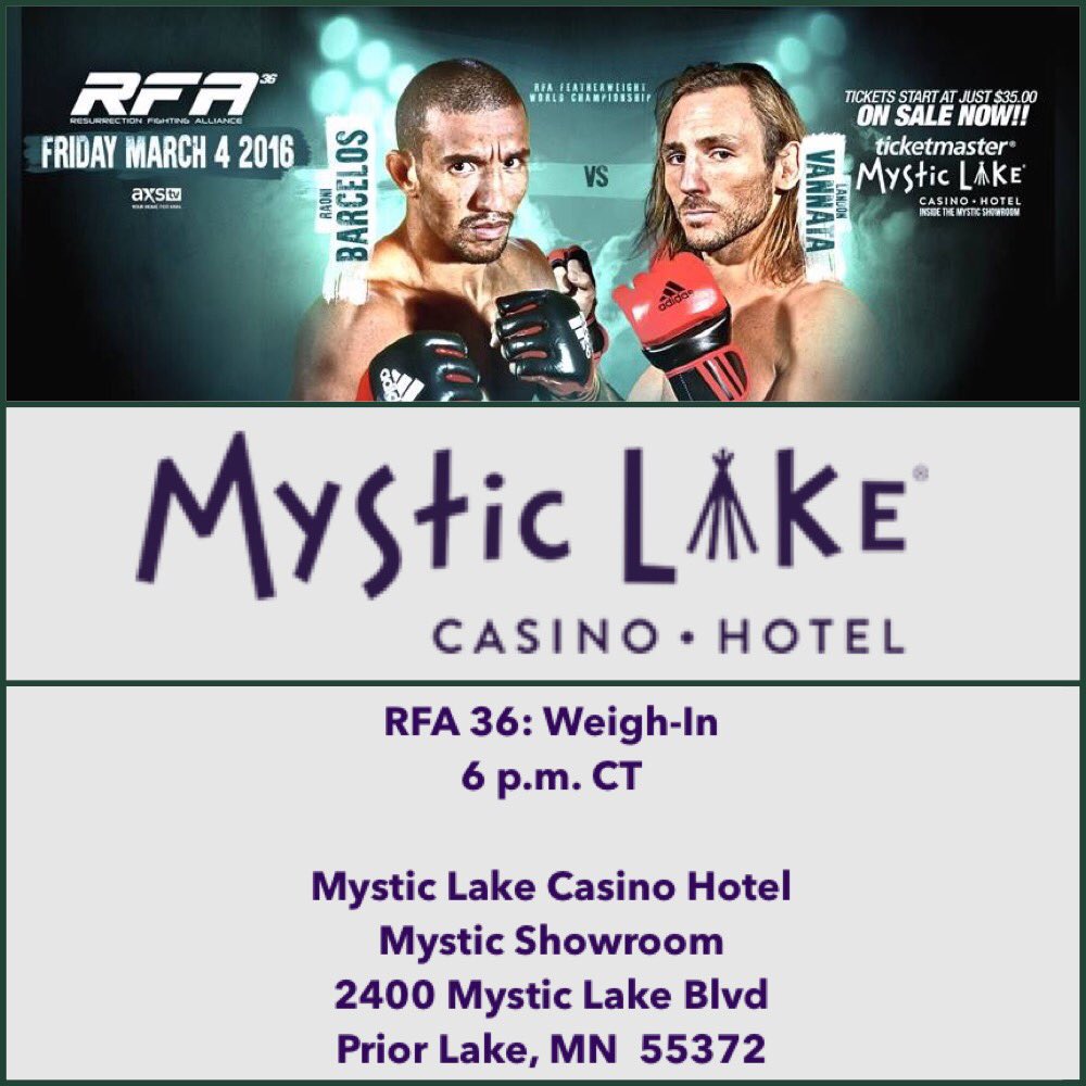 #RFA36 - <a href="/RaoniBarcelos/">Raoni Barcelos</a> vs. <a href="/GroovyLando/">Lando Vannata</a> Weigh-In is today at 6 p.m. CT at the Mystic Showroom inside @MysticLake!