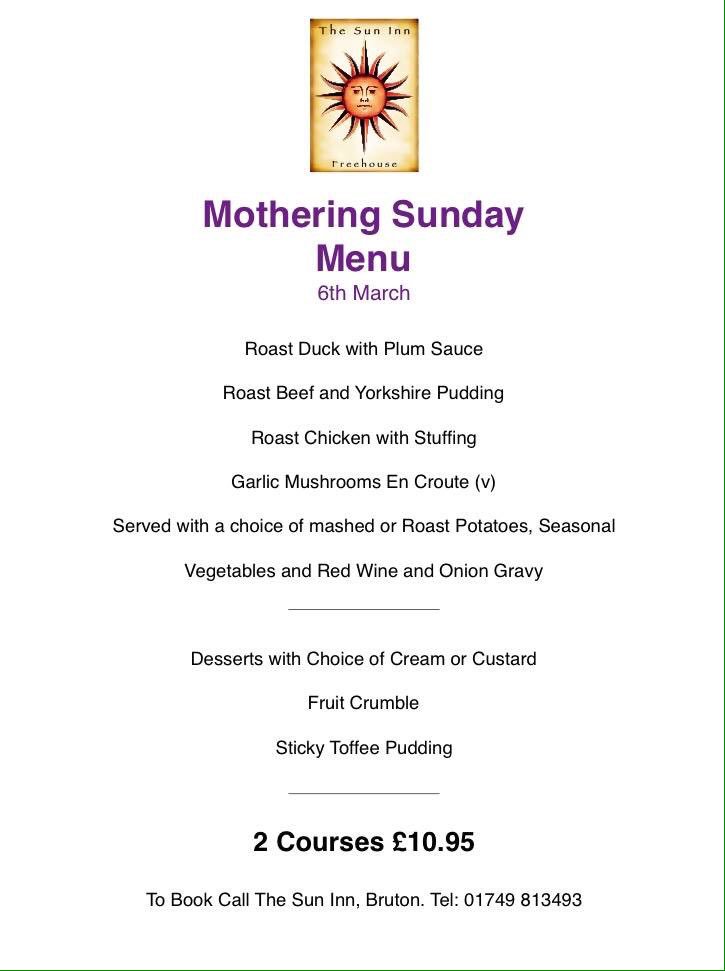 SunInnBruton's tweet photo. It's Mother's Day this Sunday 💐 come to the #SunInn for a delicious meal and enjoy 2 courses for £10.95 #Bruton https://t.co/FAoSa6Gtjq